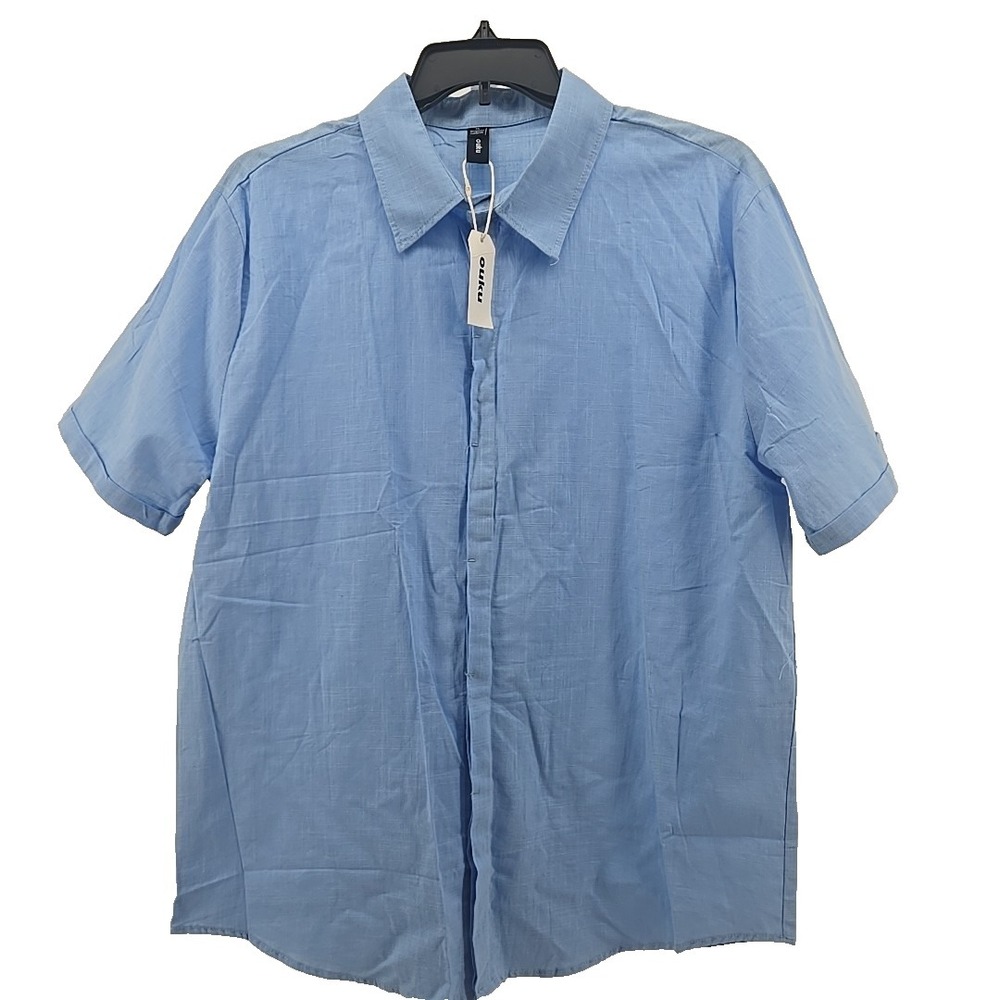 OUKU Men's XL Button-Diwn Shirt Hidden-Button Short Sleeve Linen & Cotton New